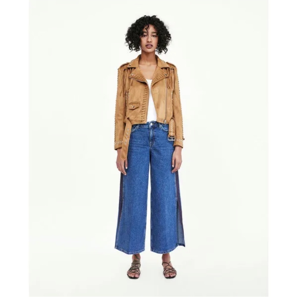 Zara Faux Suede Fringe Biker Jacket Stud Detail small EUC - Picture 4 of 16